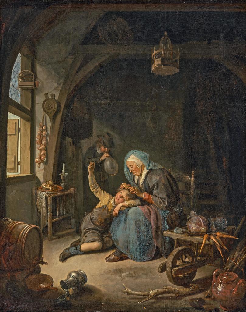 Gérard Dou (1613-1675), Scène d’intérieur avec une vieille femme épouillant un jeune garçon. Huile sur bois, 37,3 x 30,2 cm. Signé. Vente Londres, Christie’s, 1ᵉʳ juillet 2025. Estimé : 1/1,5 M£. Adjugé : 2 097 000 £ (2 430 916 € frais inclus).