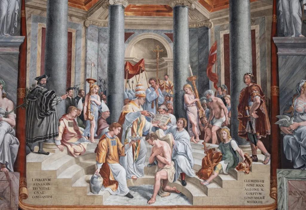 Giulio Romano (1499-1546) et atelier, Le Baptême de Constantin, peinture à fresque. Rome, musées du Vatican, salle de Constantin.
