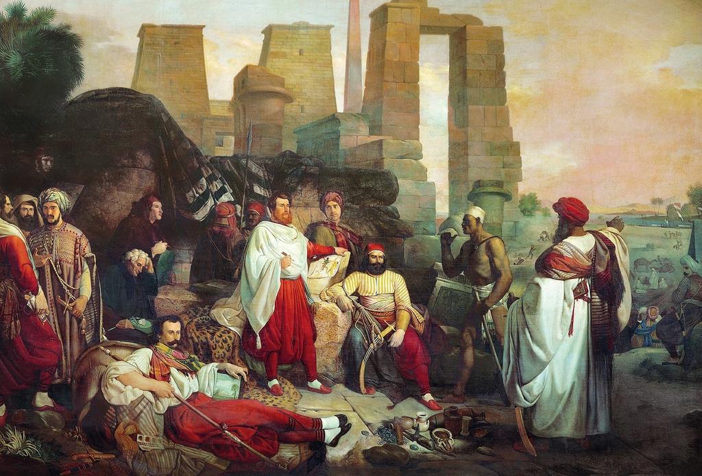 Giuseppe Angelelli, Portraits des membres de l’expédition franco-toscane. Florence, Musée égyptien. Barbu, Jean‑François Champollion est assis au centre de la composition.