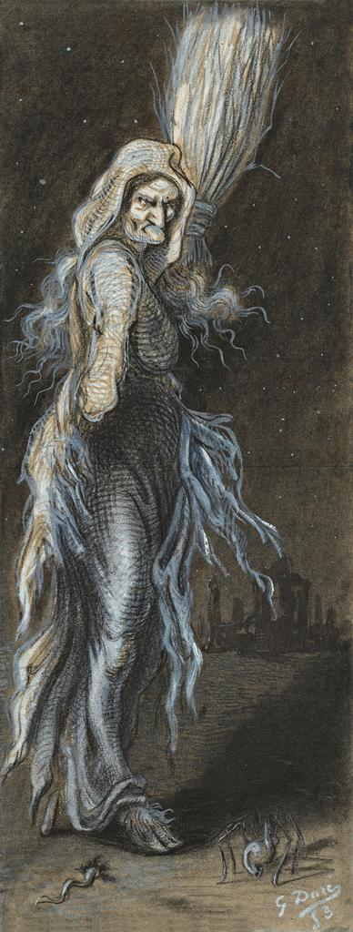 Gustave Doré (1832-1883), La Sorcière, 1853. Crayon, craie noire et gouache blanche sur papier, 40,1 x 15,3 cm. Paris, musée d’Orsay. 