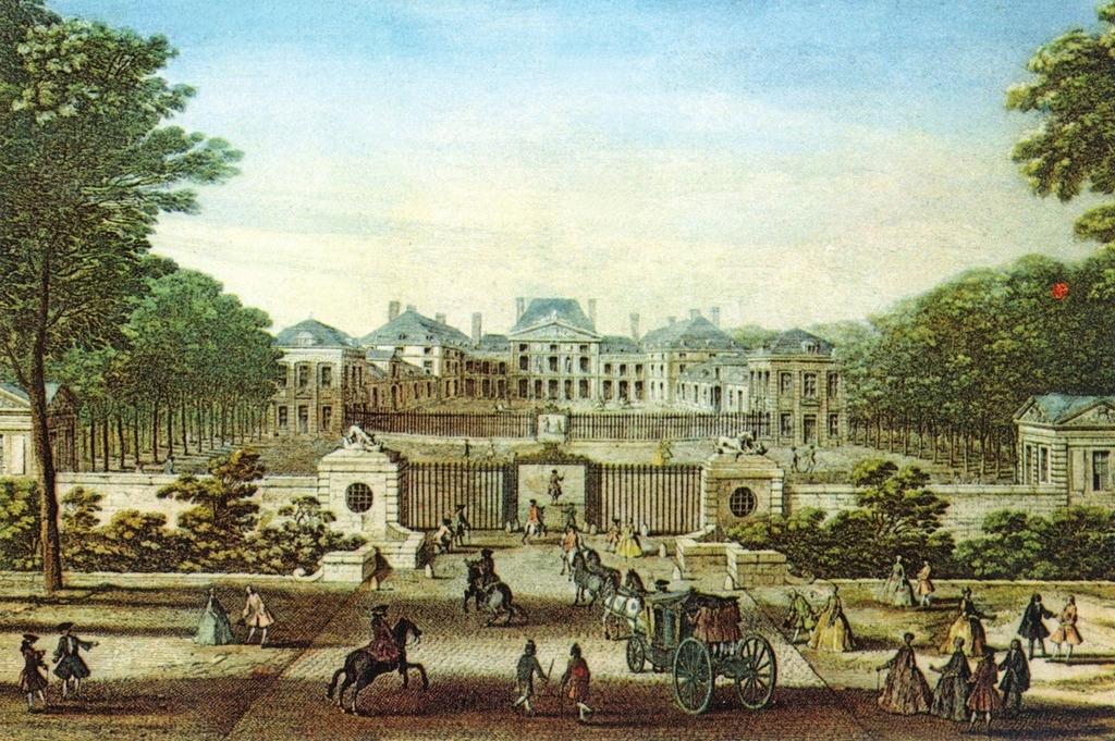 Jacques Rigaud (1680-1754), Vue du château de Sceaux du côté de la grille, 1736. Estampe colorisée.