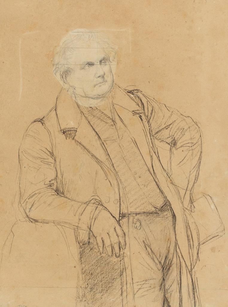 Jean-Auguste-Dominique Ingres, Bertin debout accoudé à un meuble. Pierre noire, 37,6 x 26,7 cm.