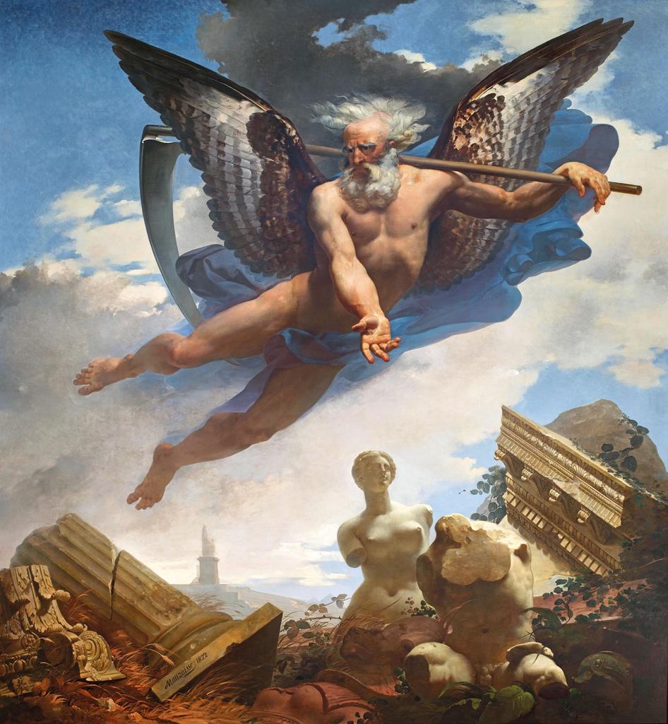 Jean-Baptiste Mauzaisse, Le Temps montrant les ruines qu’il amène et les chefs-d’œuvre qu’il laisse ensuite découvrir, 1822. Plafond de l’ancienne salle des Bijoux (aile Denon, salle 661). Sur ce tableau sont réunis deux chefs-d’œuvre antiques, le Torse du Belvédèreet la Vénus de Milo, laquelle venait tout juste d’entrer au musée du Louvre (1822).