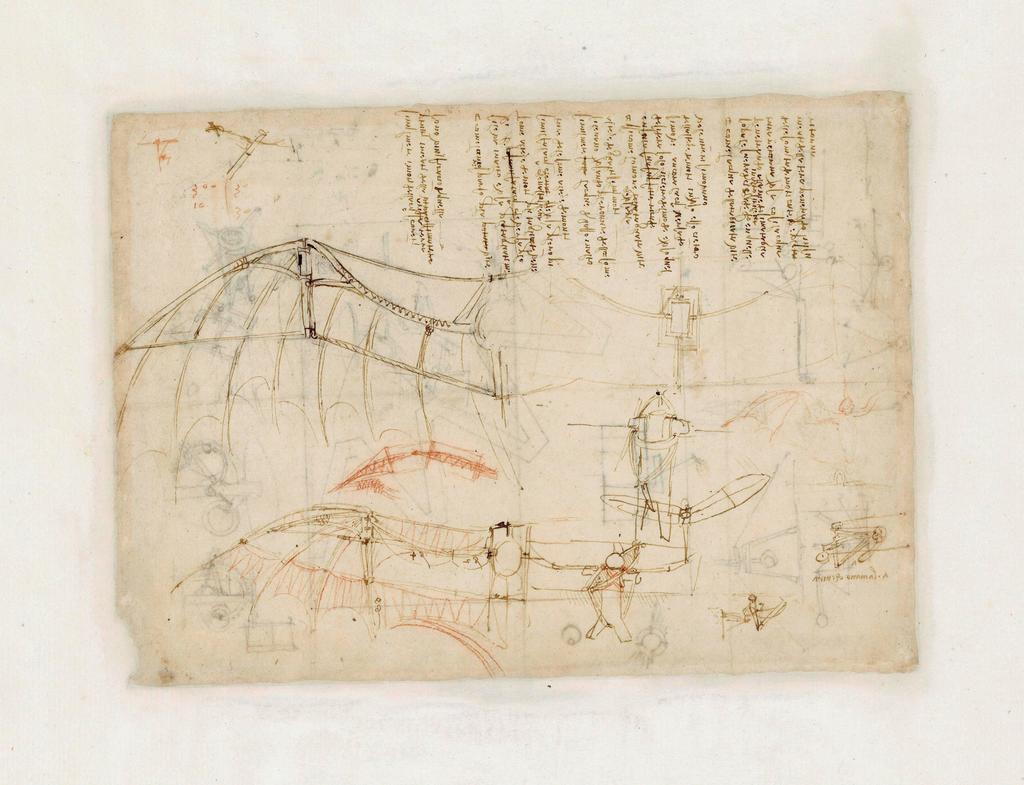 Léonard de Vinci (1452-1519), Dessin d’une aile artificielle et note sur le cours de l’eau, Codex Atlanticus, 846v. 
