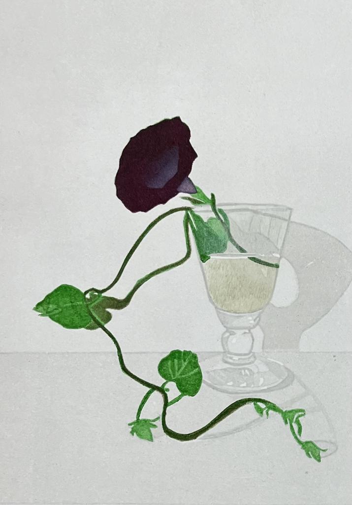 À la tombée du jour, le son d’une trompette, linogravure couleur à planche perdue (11 passages), 2024. 