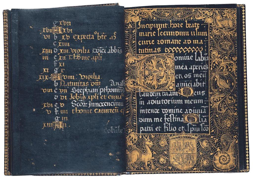 Cercle de Willem Vrelant (actif à Bruges, Belgique, 1454-1481), Livre d'heures noir (Horae beatae marie secundum usum curie romane), vers 1458. Manuscrit enluminé sur vélin peint en noir, 15,2 x 10,7 x 2,7 cm. New York, Hispanic Society Museum & Library.