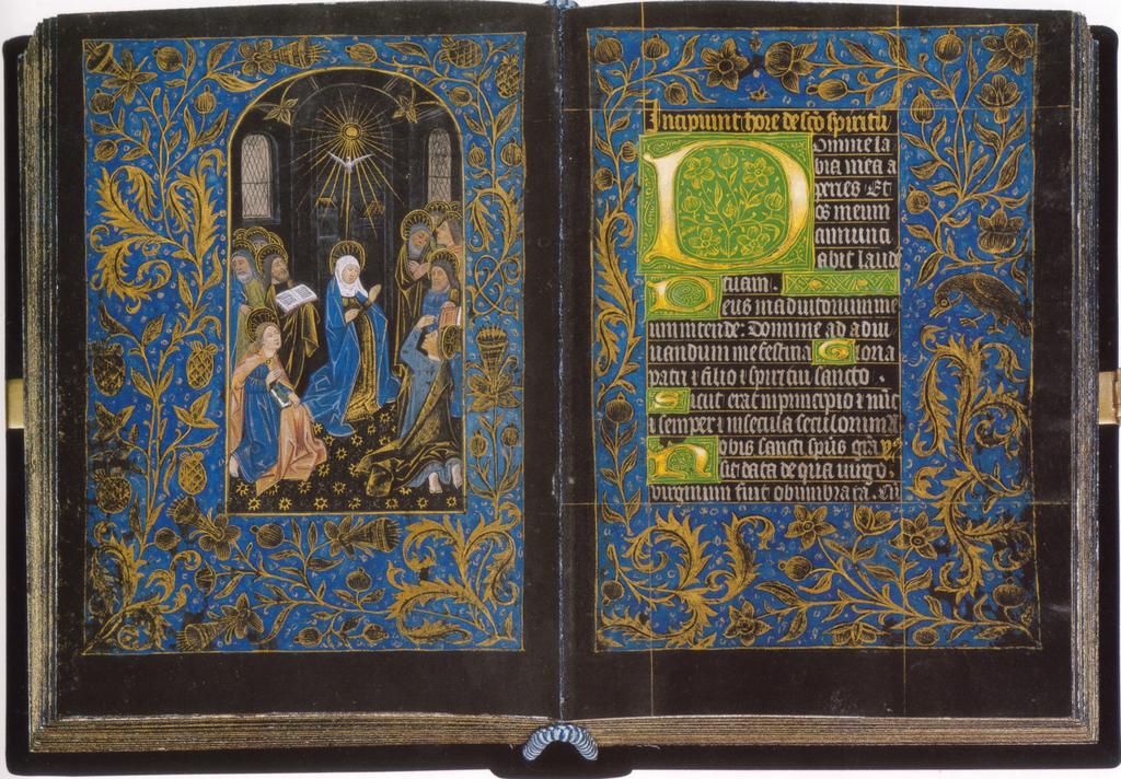 Cercle de Willem Vrelant (actif à Bruges, Belgique, 1454-1481), Livre d'heures manuscrit à l'usage de Rome (Heures de la Vierge, Office des Morts), vers 1480. Lettres argent et or sur vélin teinté de noir, 14 miniatures pleine page, 17 x 12,2 cm. New York, The Morgan Library & Museum. 