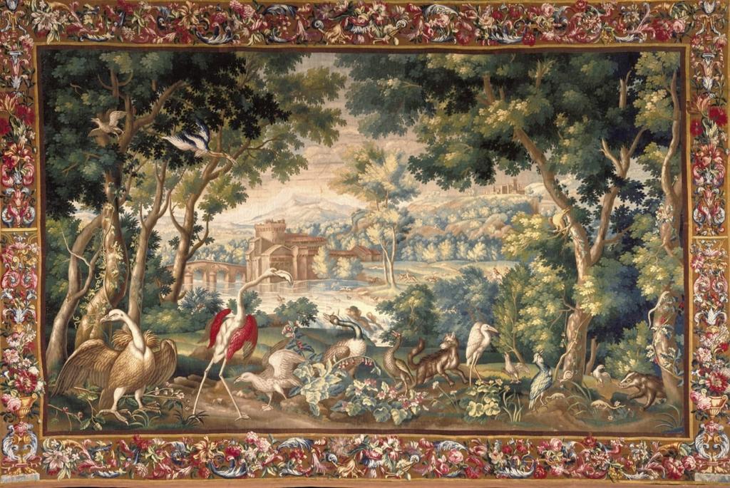 Manufacture royale de Beauvais, tenture des oiseaux de la ménagerie de Versailles, Verdure au vautour et au flamant rose, vers 1684-1711. Tapisserie en laine et soie, 315 x 465 cm. Ville de Lausanne, collection Benoist.