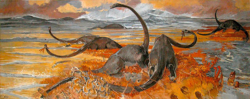 Mathurin Méheut (1882-1958), Les Diplodocus, 1942-1947. 208 x 495 cm. Université de Rennes. 