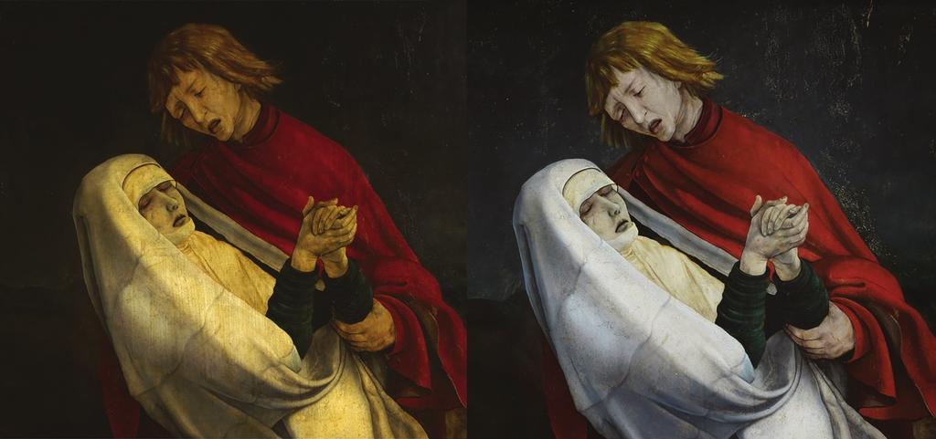 Amincissement du vernis en cours sur le vêtement de la Vierge.