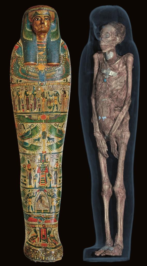 Momie de Tamut et visualisation de son corps. Troisième Période intermédiaire, début de la XXIᵉ dynastie, vers 900 avant notre ère, EA 22939.