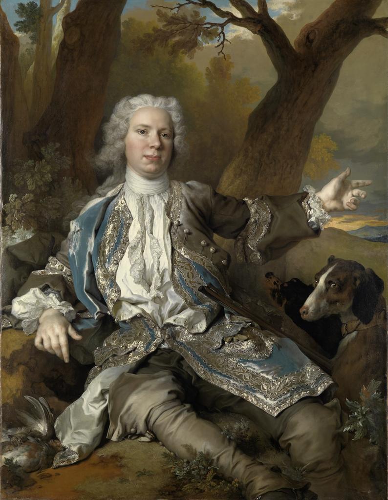 Nicolas de Largillierre (1656-1746), Portrait d’un gentilhomme vêtu d’un costume de chasse, vers 1730. Huile sur toile, 137,5 x 105,5 cm. Karlsruhe, Staatliche Kunsthalle.