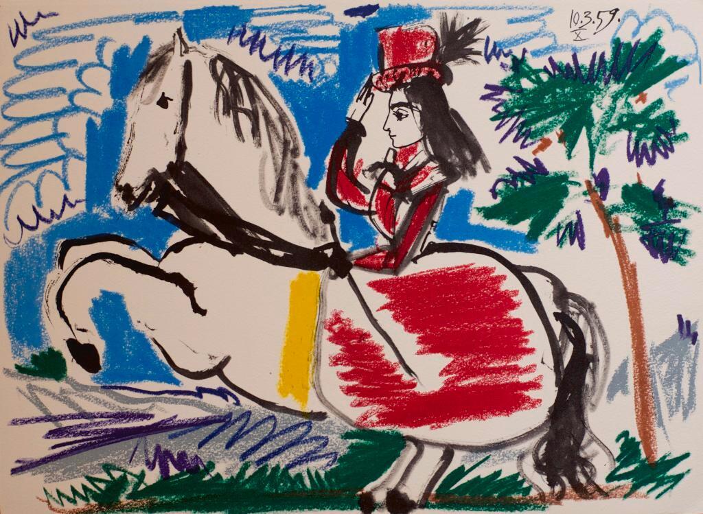 Pablo Picasso (1881-1973). Série “Toros y Toreros”, Planche 10, La Cavalière II (1961). Lithographie, 37 x 27 cm.