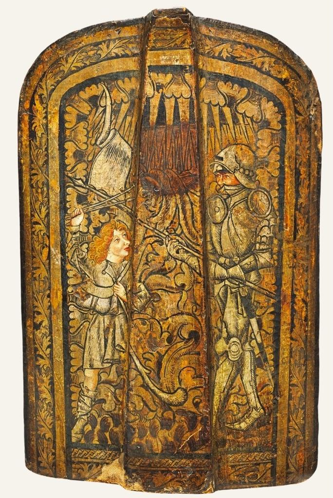 Pavois : David et Goliath, Bohème, vers 1480. Bois peint, 89 x 60 cm.