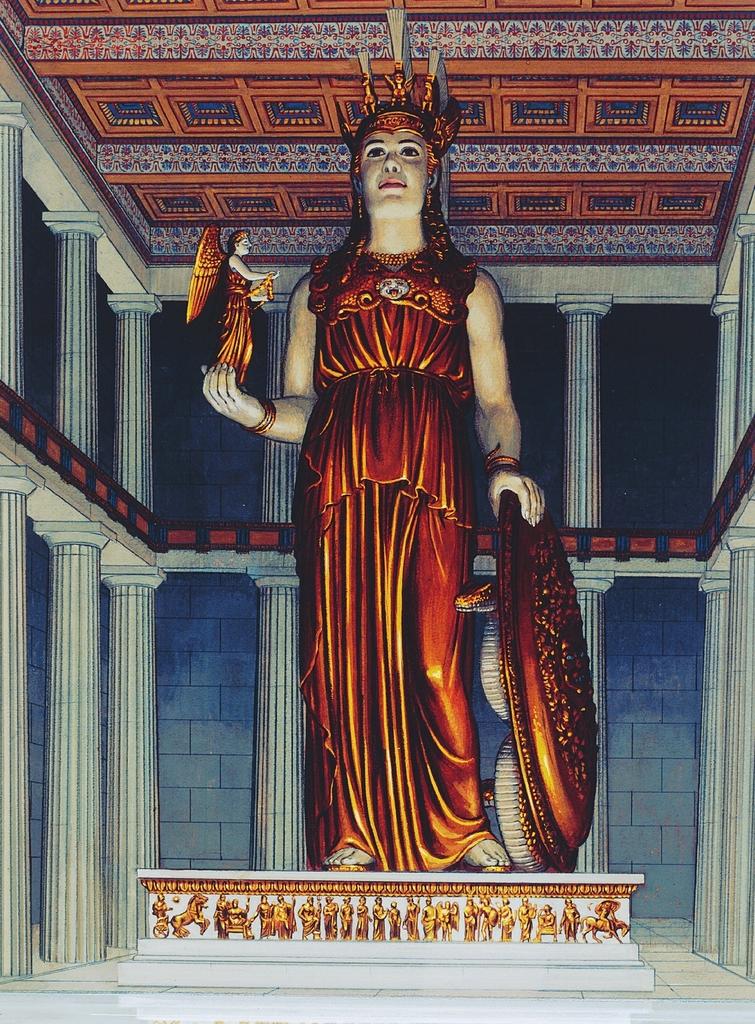 Proposition de reconstitution colorée de la statue d’Athéna Parthénos. Aquarelle de Peter Connolly en 1998.