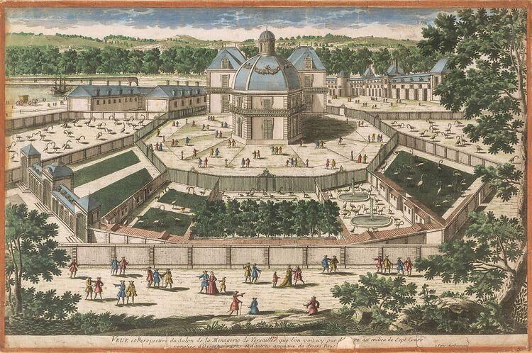 Pierre Aveline, Vue et perspective du salon de la ménagerie, XVIIᵉ siècle. Estampe mise en couleurs. Paris, Bibliothèque nationale de France.