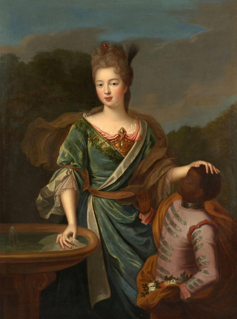 Attribué à Pierre Gobert (1662-1744), Portrait de Marie-Françoise de Bourbon, Mademoiselle de Blois, avec son page. Huile sur toile, 138 x 105 cm. Estimé : 6 000/8 000 €. Adjugé 11 700 € (frais inclus).