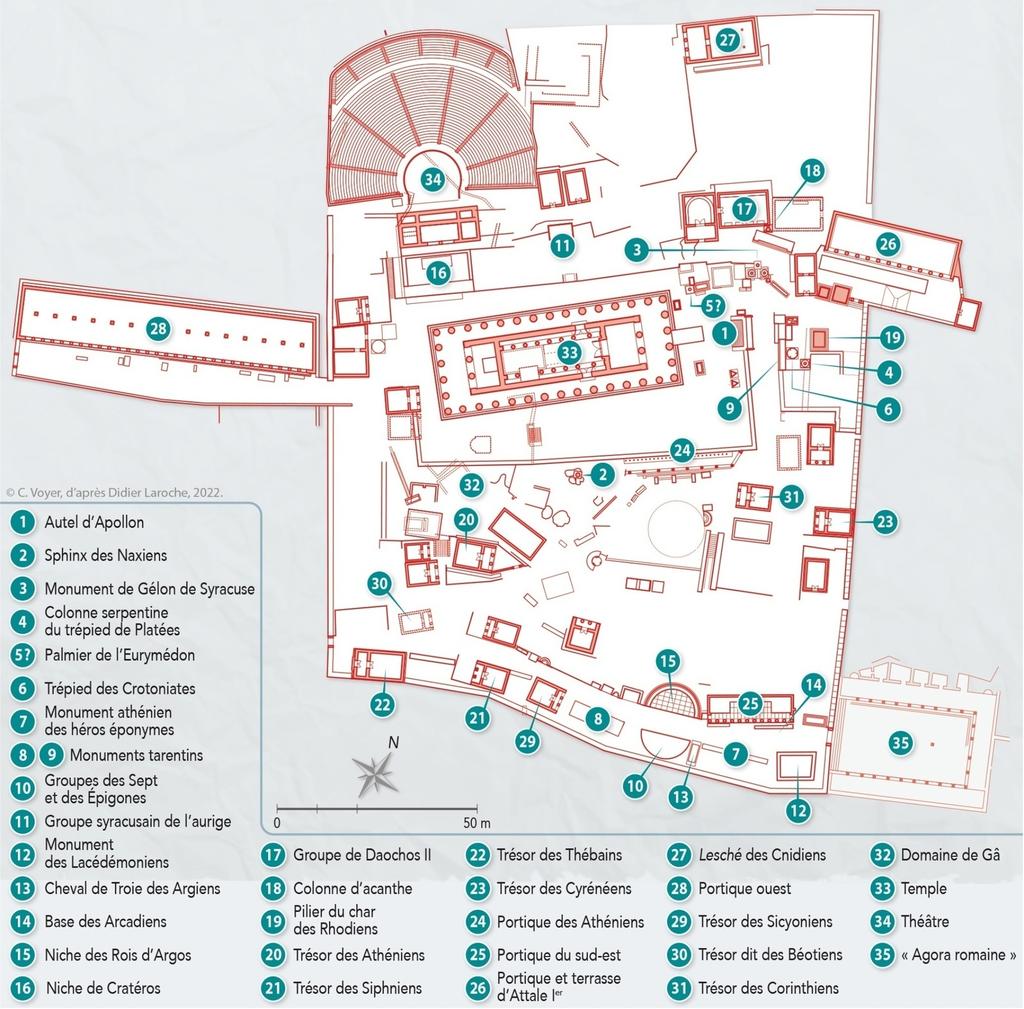 Plan des vestiges présents dans le sanctuaire de Delphes.