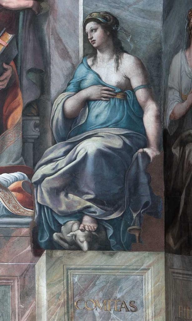 L’Amitié (photo après restauration) est l’une des deux allégories peintes à l’huile par Raphaël dans la salle de Constantin, au Vatican.