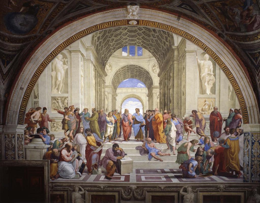 Raphaël (1483-1520), L’École d’Athènes. Peinture à fresque. Rome, musées du Vatican, salle de la Signature.