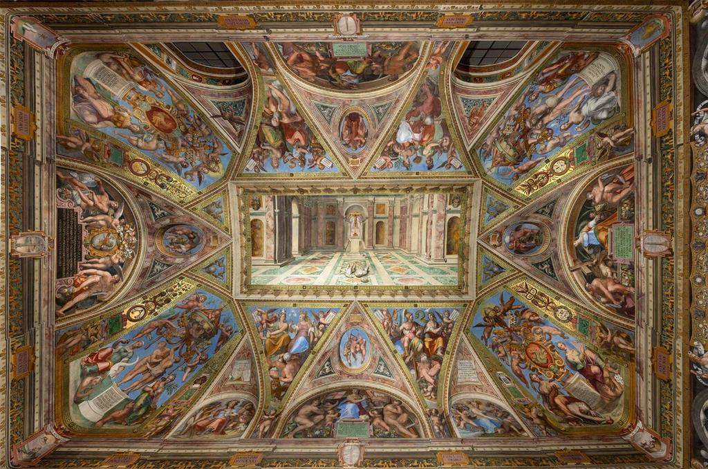 Le plafond de la salle de Constantin, peint par Tommaso Laureti (1530-1602) de 1582 à 1585. Aux angles de la voûte, les hauts faits du pape Grégoire XIII, commanditaire de l’œuvre ; sur le panneau central, le Triomphe du christianisme sur le paganisme ; autour, huit régions d'Italie et trois continents, l'Europe, l'Asie et l'Afrique.