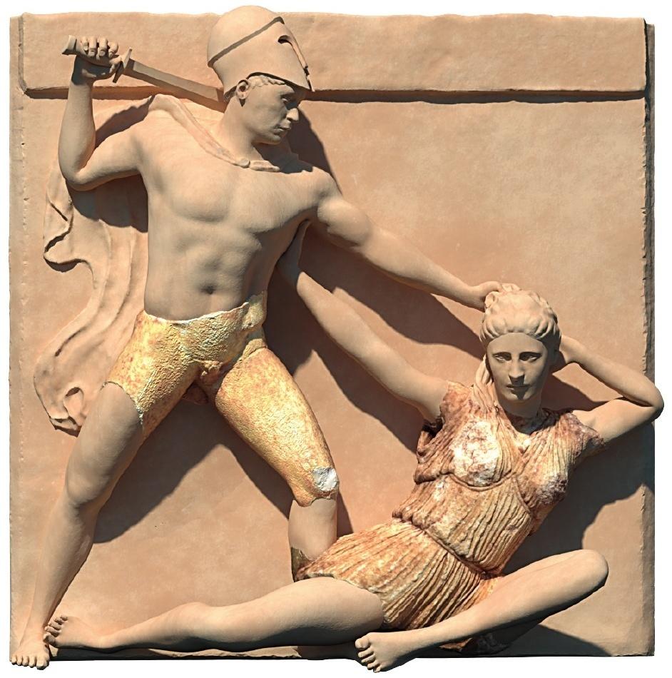 Proposition de reconstruction 3D d’une métope perdue, à partir des fragments inv. 4335,1 et 4351,1.