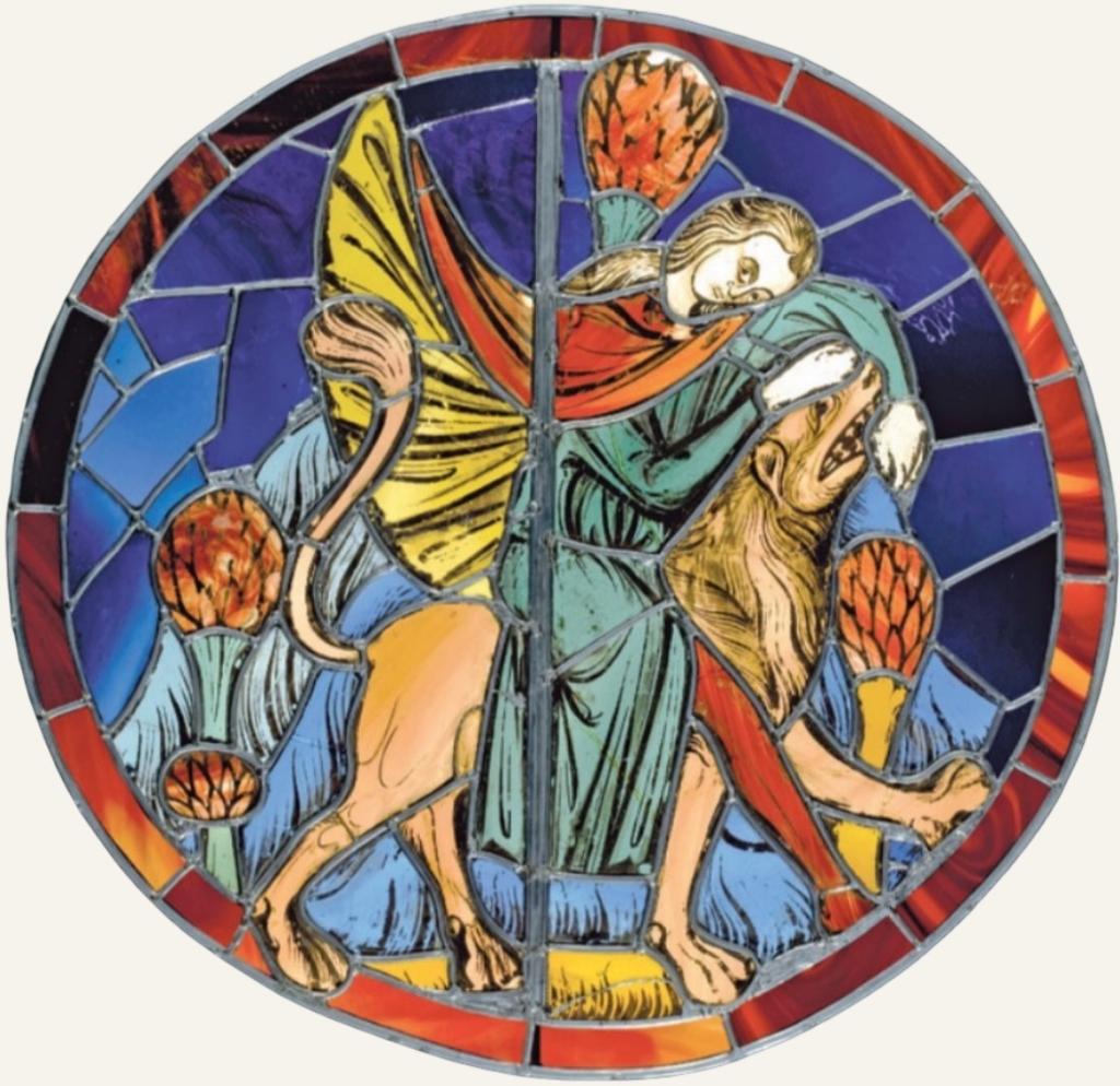 Samson et le lion, vitrail provenant de la Sainte-Chapelle de Paris, vers 1250. Verre coloré, plomb.