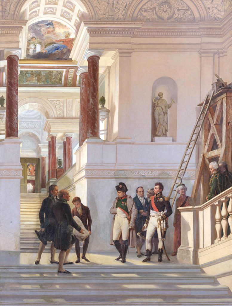 Auguste Couder, Napoléon visitant l’escalier du Louvre sous la conduitedes architectes Percier et Fontaine, 1833. Huile sur toile, 177 x 135 cm. Paris, musée du Louvre.