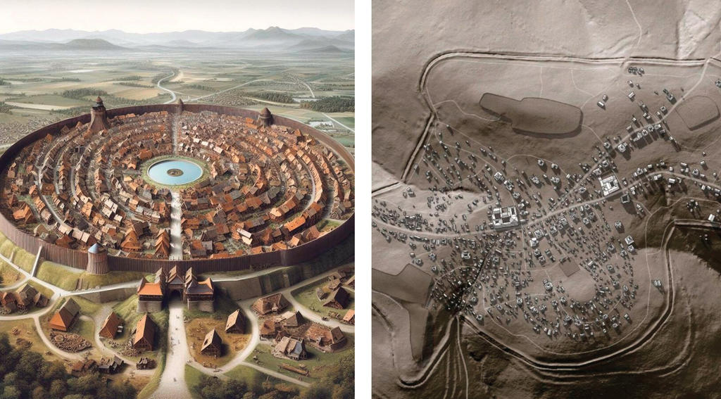 À gauche, Bibracte imaginée par une intelligence artificielle. À droite, la maquette du village gaulois.