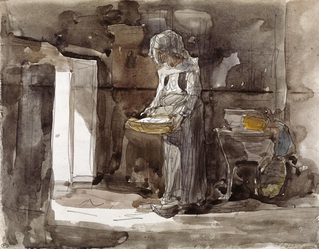 Eugène Boudin, Bretonne tenant une jatte dans un intérieur. Aquarelle et mine graphite, 20,5 x 26,3 cm. Paris, musée d’Orsay, conservé au musée du Louvre.  