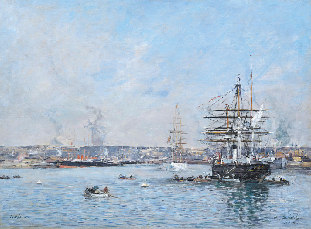 Eugène Boudin, Une corvette russe dans le bassin de l’Eure, Le Havre, 1888. Huile sur toile, 41 x 55,6 cm. Collection de Yann Guyonvarc’h.