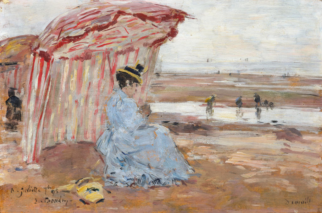 Eugène Boudin, Deauville, Juliette sous la tente, 1895. Huile sur bois, 23 x 35 cm. Collection de Yann Guyonvarc’h. 
