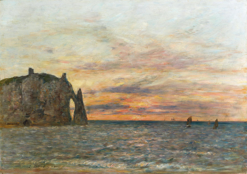 Eugène Boudin, Étretat, la falaise d’aval au soleil couchant, 1890. Huile sur toile, 45,8 x 65,1 cm. Collection de Yann Guyonvarc’h. 