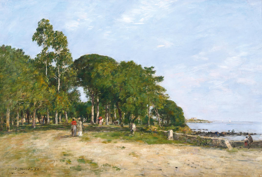 Eugène Boudin, Juan-les-Pins, la promenade et la baie, 1893. Huile sur toile, 50 x 73 cm. Collection de Yann Guyonvarc’h. 