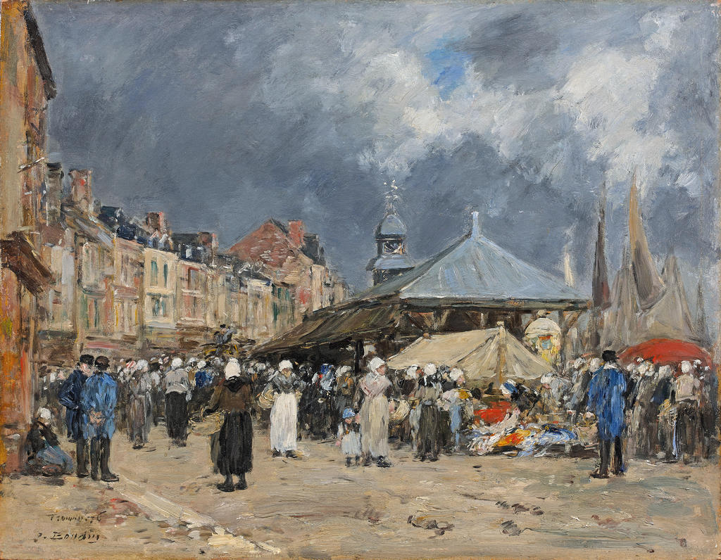Eugène Boudin, Le Marché à Trouville – « La halle aux poissons », 1876. Huile sur bois, 33 x 41 cm. Collection particulière.