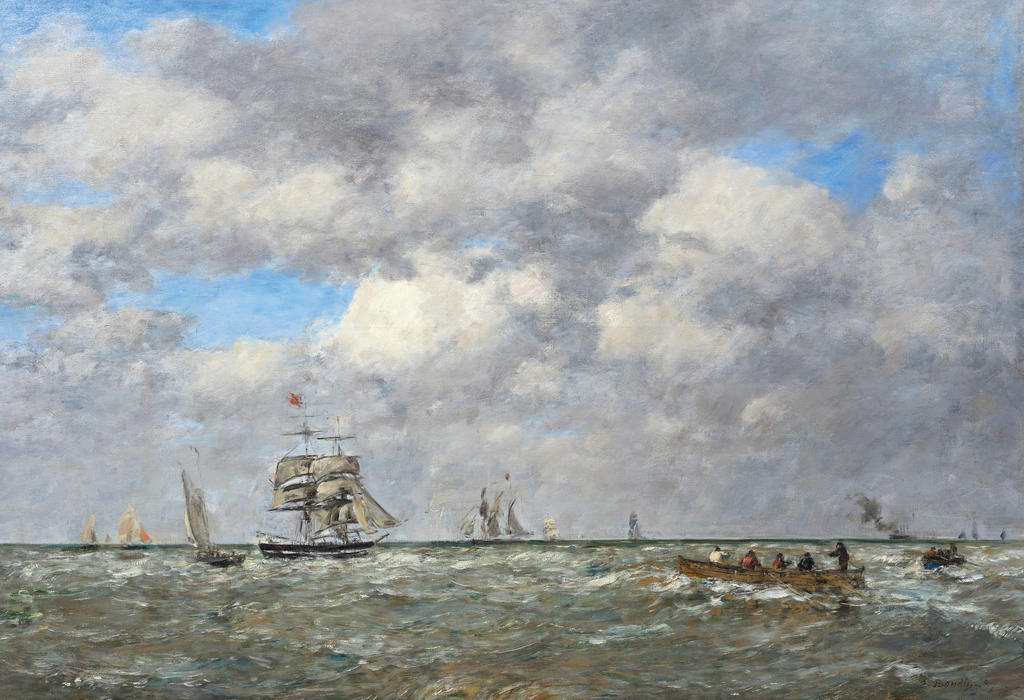 Eugène Boudin, Marine. Les Lamaneurs, dit aussi Pleine mer, les lamaneurs, 1887. Huile sur toile, 92 x 132,3 cm. Collection de Yann Guyonvarc’h.