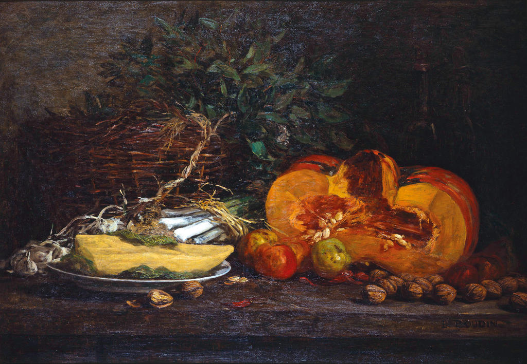 Eugène Boudin, Nature morte au potiron, vers 1854-1860. Huile sur toile, 56 x 83,5 cm. Le Havre, musée d’Art moderne André Malraux – MuMa.