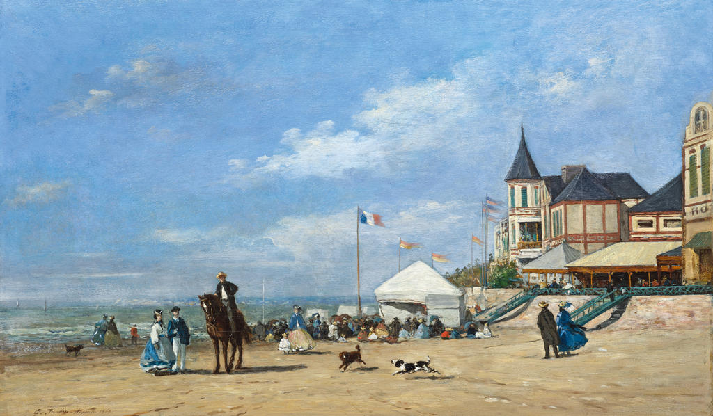 Eugène Boudin, La Plage à Trouville, 1863. Huile sur panneau, 34,8 x 58 cm. Collection de M. Yann Guyonvarc’h. 