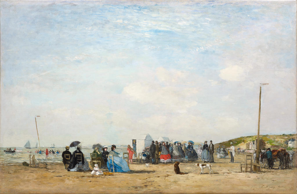 Eugène Boudin, Réunion sur la plage, 1865. Huile sur toile, 73,5 x 104 cm. Collection de Yann Guyonvarc’h. 