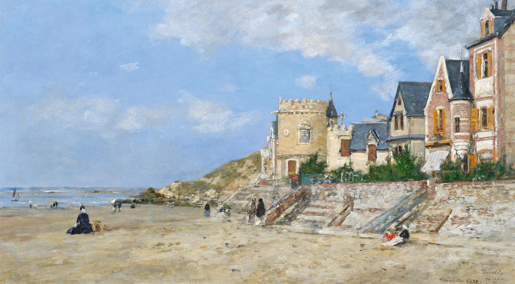 Eugène Boudin, La Tour Malakoff et le rivage à Trouville, 1877. Huile sur toile, 32,4 x 57,5 cm. Collection de Yann Guyonvarc’h.