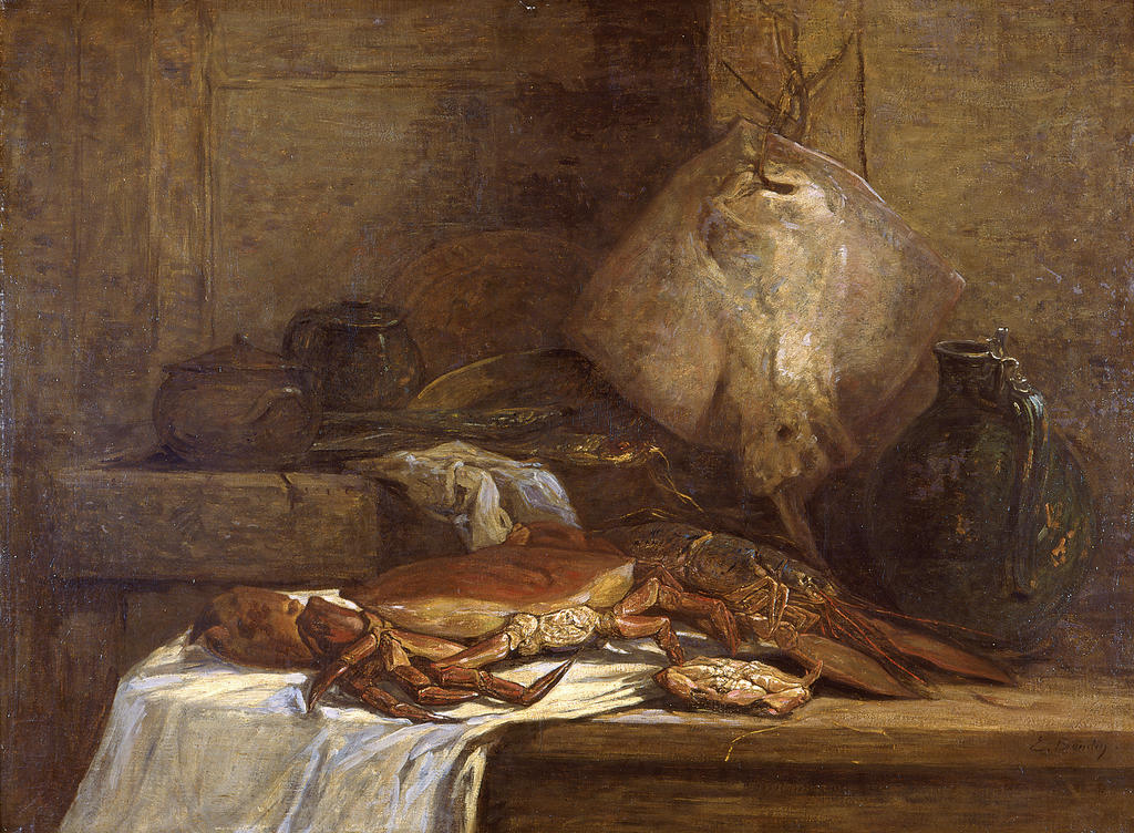 Eugène Boudin, Tourteaux, homard et poissons, dit aussi Nature morte à la raie, 1861. Huile sur toile, 71 x 97 cm. Honfleur, musée Eugène‑Boudin. 