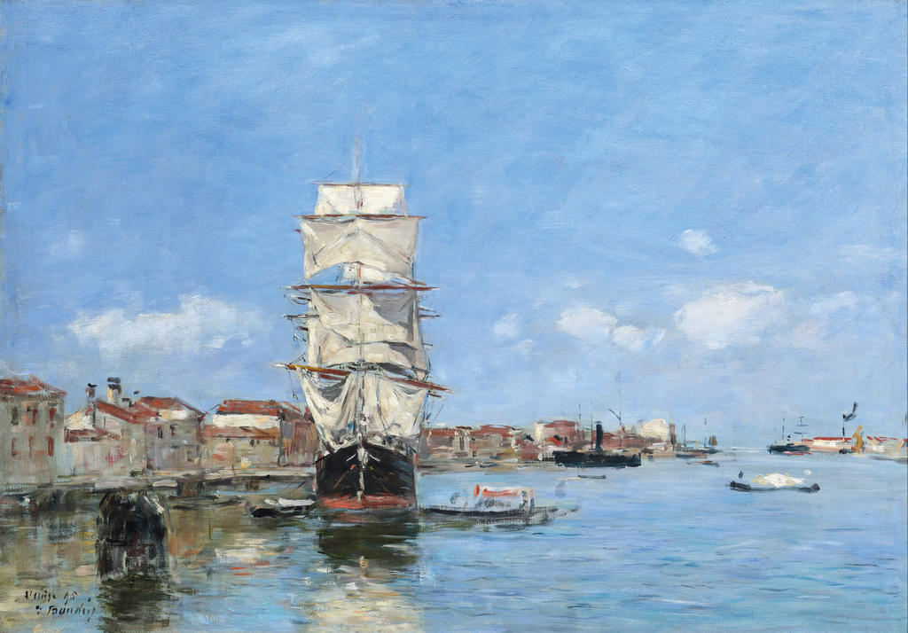 Eugène Boudin, Venise, navire à quai, canal de la Giudecca, 1895. Huile sur toile, 46 x 65 cm. Collection de Yann Guyonvarc’h. 