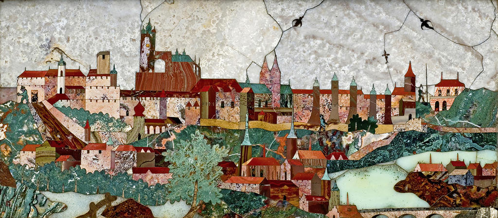 Giovanni Castrucci, Vue du château de Prague, entre 1598 et 1607 (?). Commesso de jaspes et d’agates, 18,5 x 34 cm. Prague, The Museum of Decorative Arts.