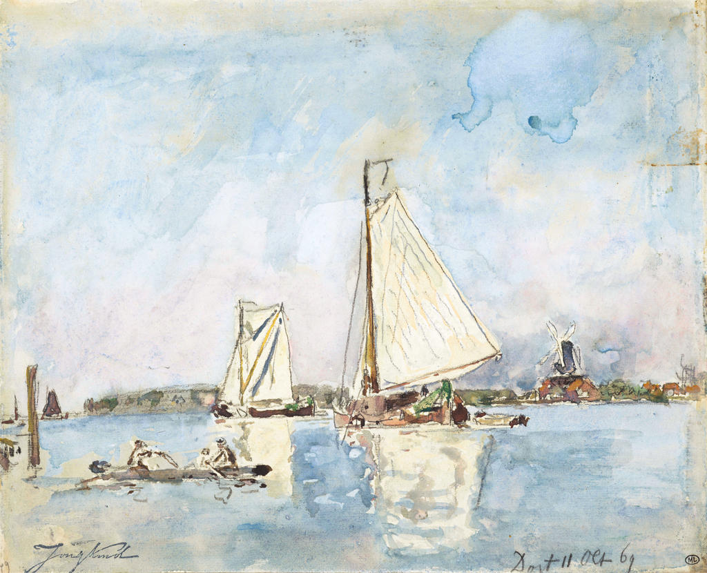 Johan Barthold Jongkind, Bateaux de pêche à Dordrecht, 1869. Aquarelle et pierre noire, 23 x 28,5 cm. Paris, musée d’Orsay, conservé au musée du Louvre.