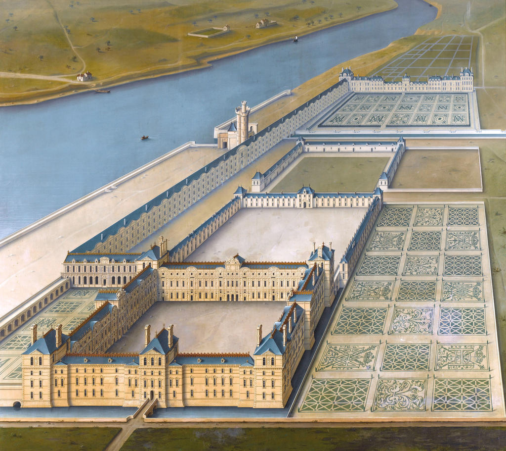 Louis Poisson, Vue cavalière du grand dessein du Louvre, début du XVIIᵉ siècle (restaurée etcomplétée en 1864 par Jacques Guiaud). Huile sur enduit. Fontainebleau, château, galerie des Cerfs.