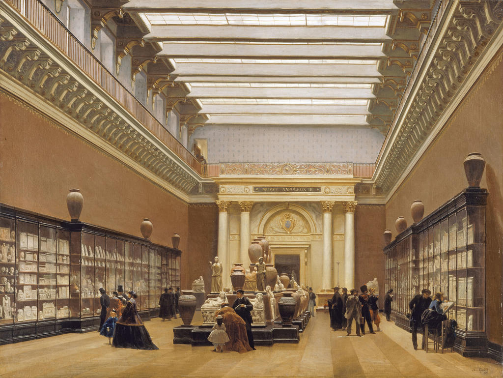Charles Giraud (1819-1892), Musée Napoléon III, galerie des céramiques au musée du Louvre, Salon de 1866. Féru d’archéologie nationale, l’empereur acquiert la collection d’antiques du marquis Campana, collection composée essentiellement d’antiques méditerranéens… Inaugurée en 1864, cette présentation au Louvre est un événement. Huile sur toile. Paris, musée du Louvre.