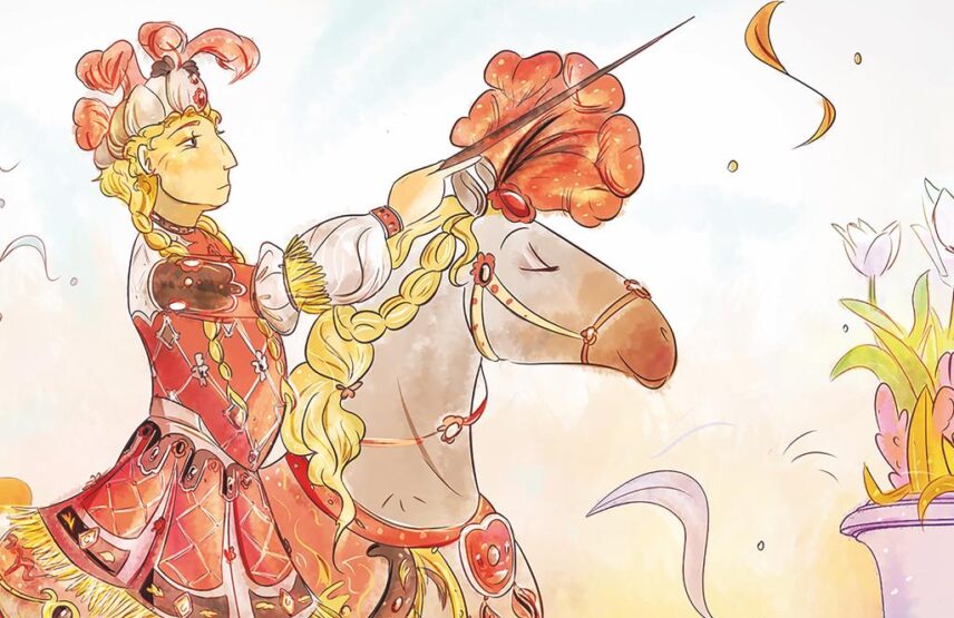 « Les chevaux et leurs cavaliers richement parés, entourés des jeunes pages à pied, avancent tous en rythme. Cannelle a les yeux qui brillent. Elle reconnaît Glorieux, le cheval du Grand Dauphin, en tête du cortège. »