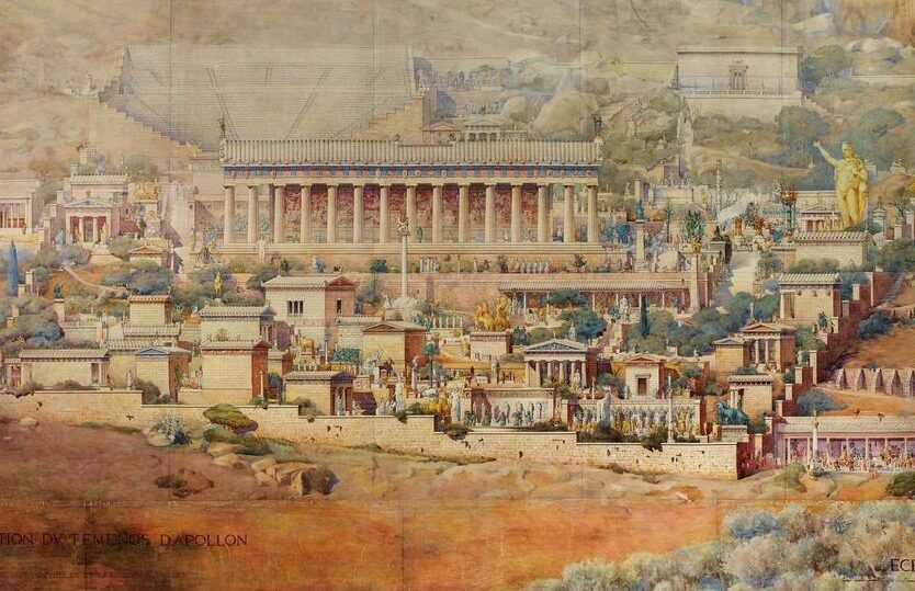 Aquarelle du sanctuaire d’Apollon à Delphes par l’architecte Albert Tournaire en 1894. Restauration du Temenos d’Apollon d’après les ruines et les textes anciens. Paris, École nationale supérieure des Beaux-Arts (ENSBA).