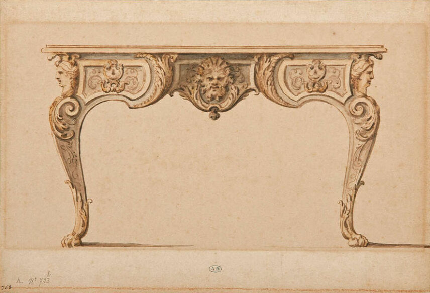 Attribué à André Charles Boulle, Projet d’un bureau plat avec têtes de femmes, élévation. Plume et encre brune, lavis gris, noire, brune et jaune (?), traces de sanguine (contre-épreuve d’un autre dessin). Paris, musée des Arts décoratifs.