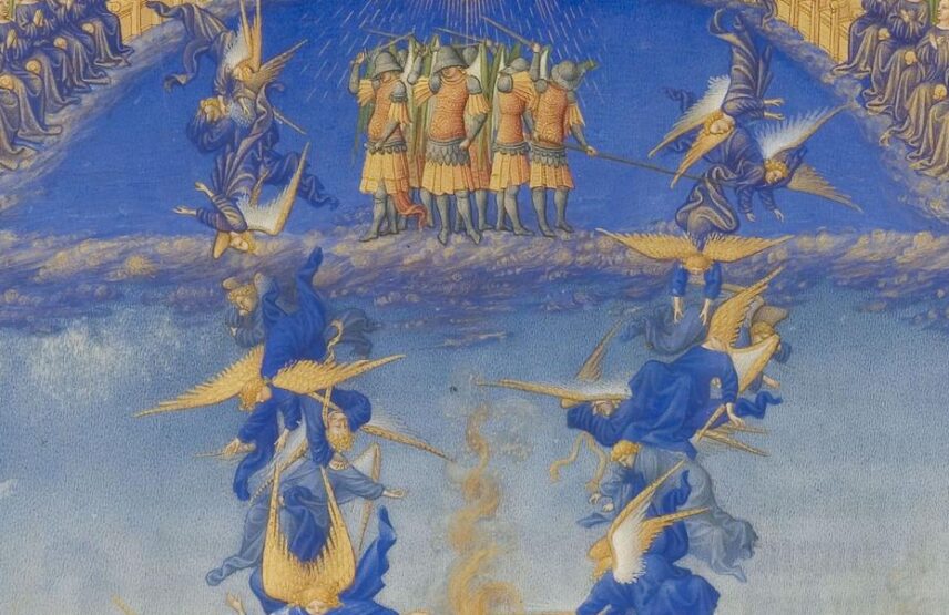 La Chute des anges rebelles (détail). Grande peinture à pleine page des frères de Limbourg sur un feuillet isolé, entre 1411 et 1416, extrait des Très Riches Heures du duc de Berry (fol. 64v). Chantilly, bibliothèque du musée Condé.